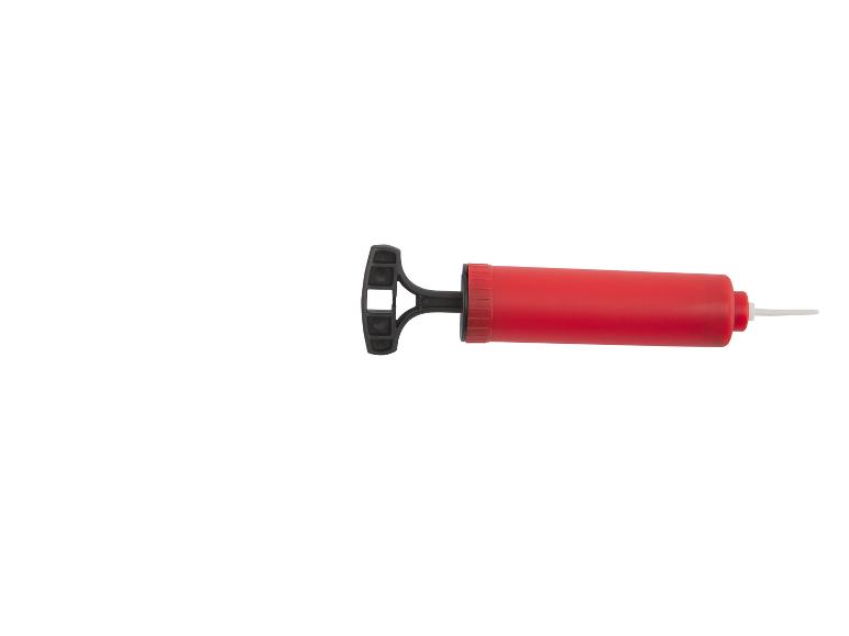 Eine rote Handpumpe zum Aufpumpen von Ballons oder anderen aufblasbaren Gegenständen.