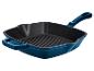 Blaue quadratische Gusseisen-Grillpfanne mit Griffen.