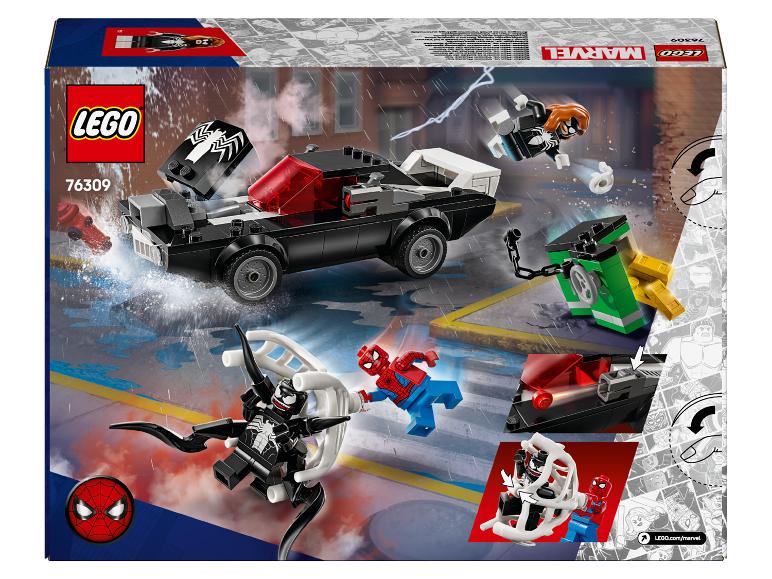 LEGO Marvel Box mit Spider-Man, Venom und Spider-Gwen in einer Actionszene.