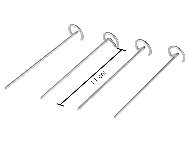 Vier silberfarbene Metallheringe mit Ringen, einer misst 11 cm Länge.