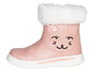 Rosa Mädchen-Stiefel mit Katzengesicht und weißem Fellkragen.