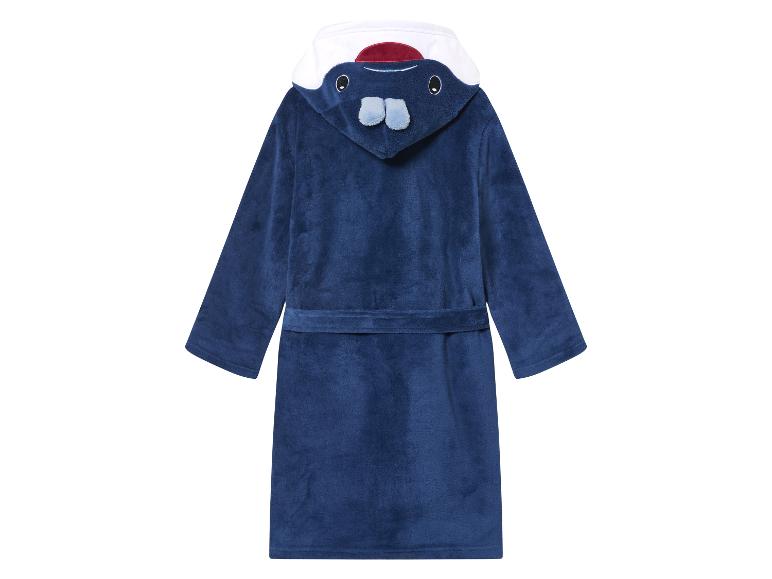 Ein blauer Bademantel mit einer Kapuze in Form eines Wals.