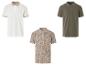Drei Poloshirts: cremefarben, olivgrün und beige mit tropischem Muster.
