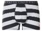 Schwarz-weiß gestreifte Boxershorts mit elastischem Bund und rotem Logo.