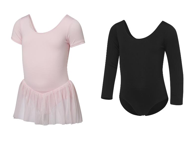 Rosa und schwarzes Ballett-Triko für Mädchen; das rosa Triko hat einen Tütü-Rock.