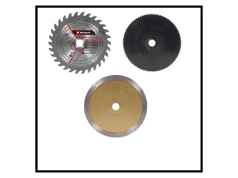 Drei verschiedene Sägeblätter: eines mit scharfen Zähnen, eines schwarz und eines golden.