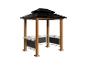 Holzpavillon mit schwarzem Dach und integrierten Grilltheken.