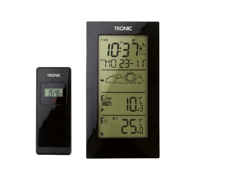 Digitale Wetterstation mit Außensensor, die Uhrzeit, Datum und Innen-/Außentemperatur anzeigt.