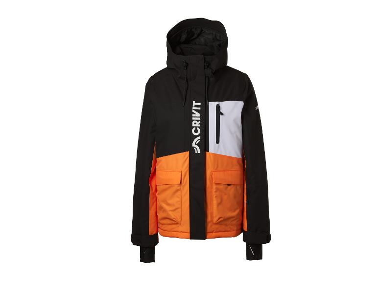 Schwarze, orangefarbene und weiße Herren-Skijacke mit Kapuze und Taschen.