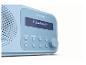Hellblaues Radio mit Bluetooth-Display und Bedientasten.