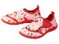 Kinder-Wasserschuhe mit Meeresmotiven und roten Details.
