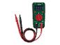 Grünes und rotes Digitalmultimeter mit Messleitungen, zeigt 0.000 V an.