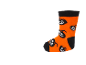 Orangene Halloween-Socke mit schwarzen Bündchen und weißen Kürbisgesichtern.