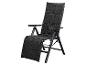 Schwarzer, klappbarer Gartenliegestuhl mit verstellbarer Rückenlehne und Fußstütze.