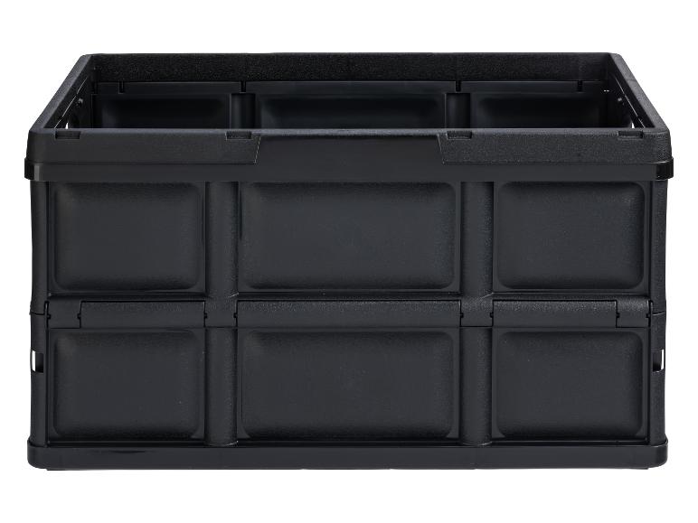 Schwarze faltbare Plastikbox.