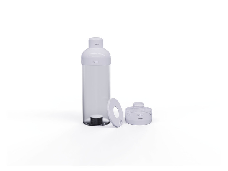 Eine weiße Plastikflasche mit Deckel und einem runden weißen Teil.