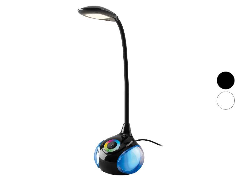 Schwarze Schreibtischlampe mit flexiblem Hals, Touch-Bedienfeld und farbiger Basisbeleuchtung.