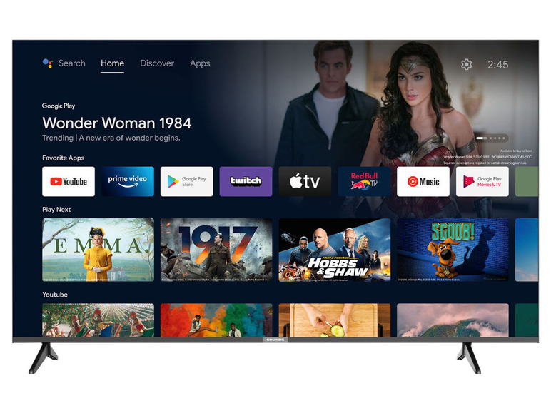 Smart-TV-Bildschirm mit Apps wie YouTube, Prime Video, Twitch und Google Play Filme & TV.