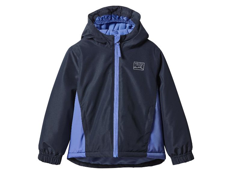 Kinderregenjacke in Marineblau und Blau mit Kapuze und Reißverschluss.