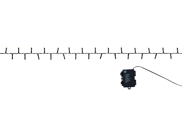 Warmweiße LED-Lichterkette mit schwarzem Kabel und Steuerbox mit 9 Lichtmodi.