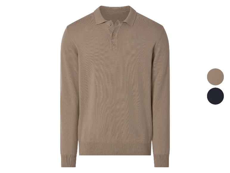 Braunes Langarm-Poloshirt mit Knöpfen und zwei Farbmustern: Braun und Dunkelblau.