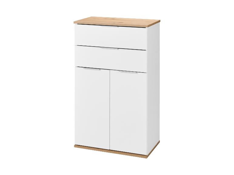 Weißer Schrank mit zwei Schubladen und zwei Türen, mit hellen Holzdetails.