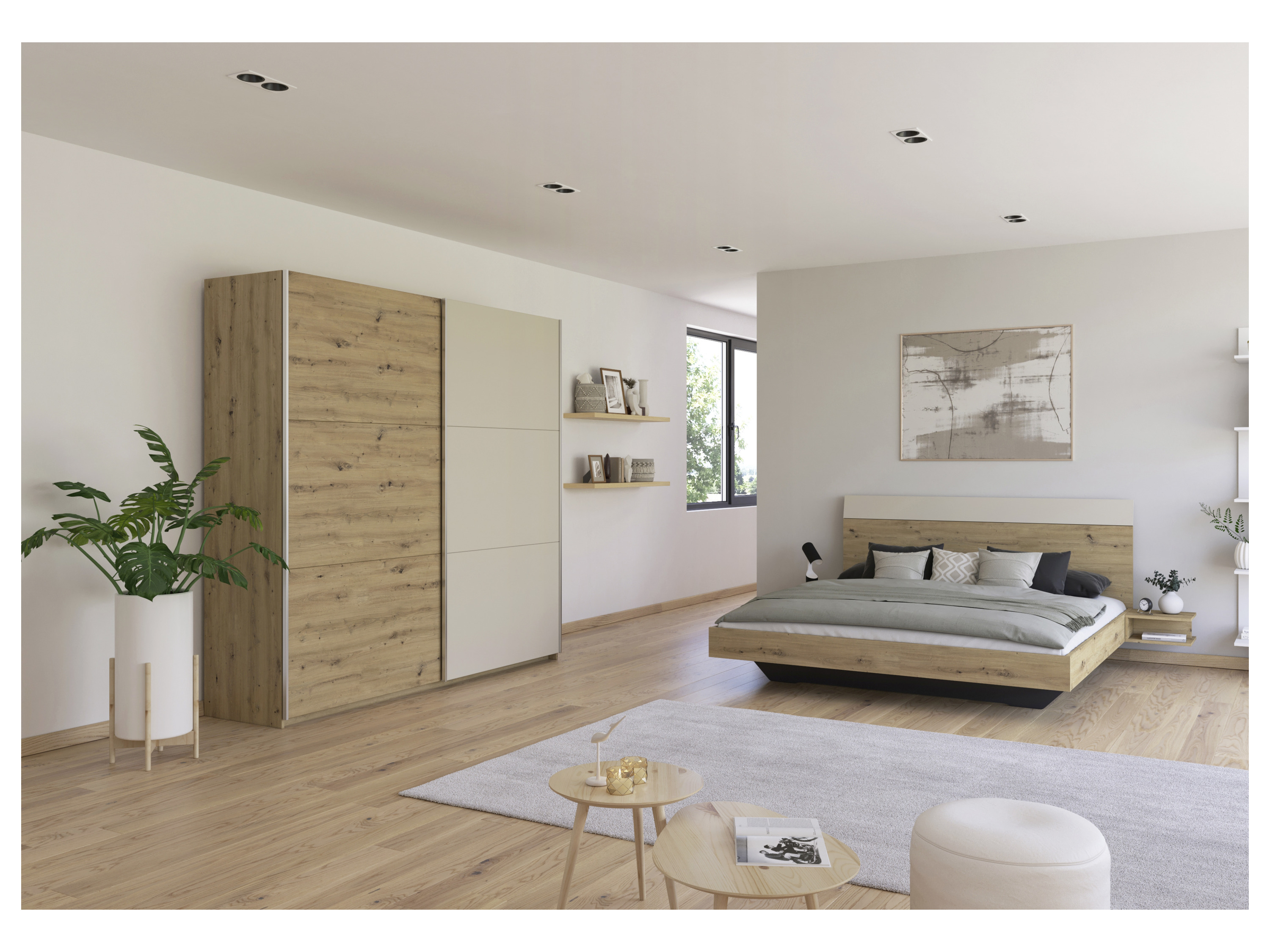 RAUCH BLUE Monza Set: Bettanlage inkl. Nachttische, Schwebetürenschrank 218 cm (Set: Bett Kleiderschrank, Eiche Artisan/Beige, Breite 522 cm / Höhe 210 cm) – Bild 2 von 4