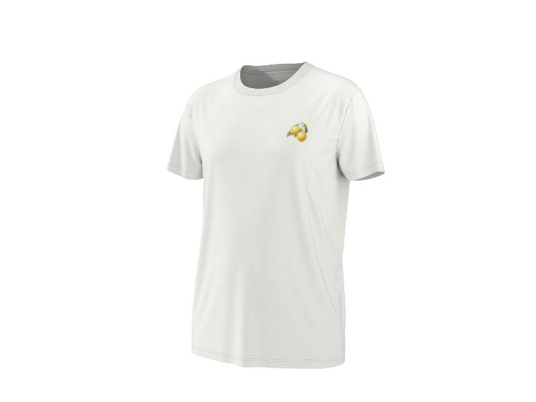 Weißes T-Shirt mit einem Aufdruck von zwei Zitronen mit Blättern auf der linken Brust.