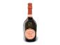 Flasche Rosé-Champagner mit rosa Etikett und Folie am Hals.