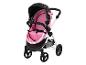 Ein rosa Kinderwagen mit schwarzen Rädern und einer weißen Polsterung.