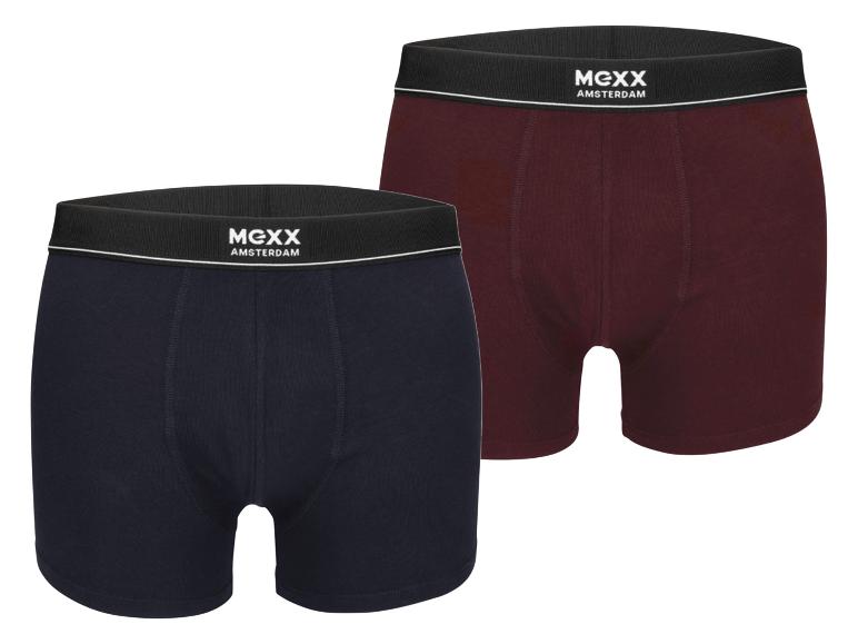 Zwei MGXX Amsterdam Boxershorts, dunkelblau und bordeauxrot.
