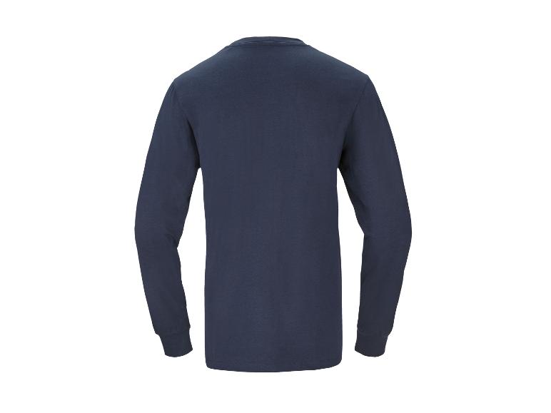 Dunkelblaues Langarm-T-Shirt von hinten auf weißem Hintergrund.