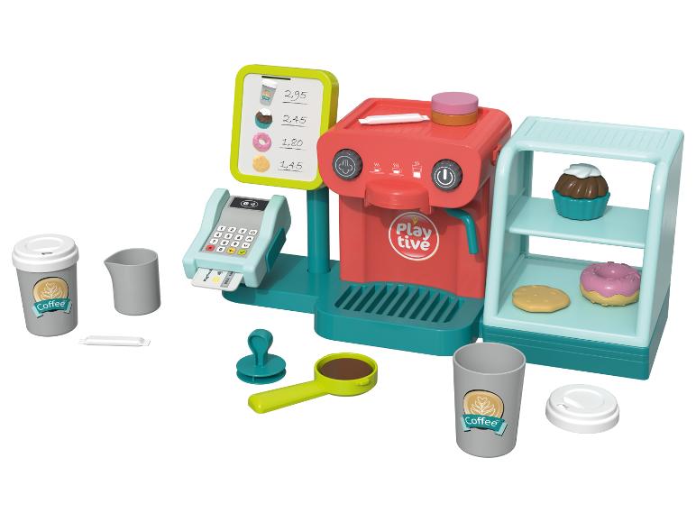 Spielzeug-Kaffeemaschine mit Kasse, Cupcake, Donut und Kaffeetassen