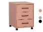 Rollcontainer mit drei pfirsichfarbenen Schubladen, schwarzen Griffen und Rollen.
