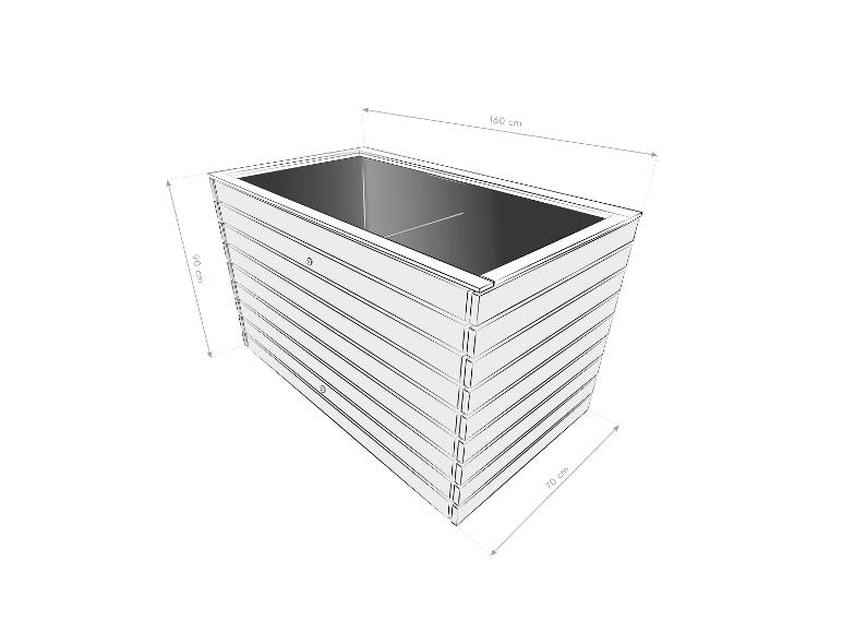 Rechteckiger Pflanzkasten mit den Maßen 160 cm (Länge), 90 cm (Höhe) und 70 cm (Breite).