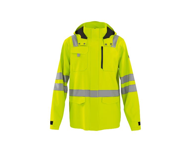 Leuchtend gelbe Jacke mit reflektierenden Streifen und Kapuze.