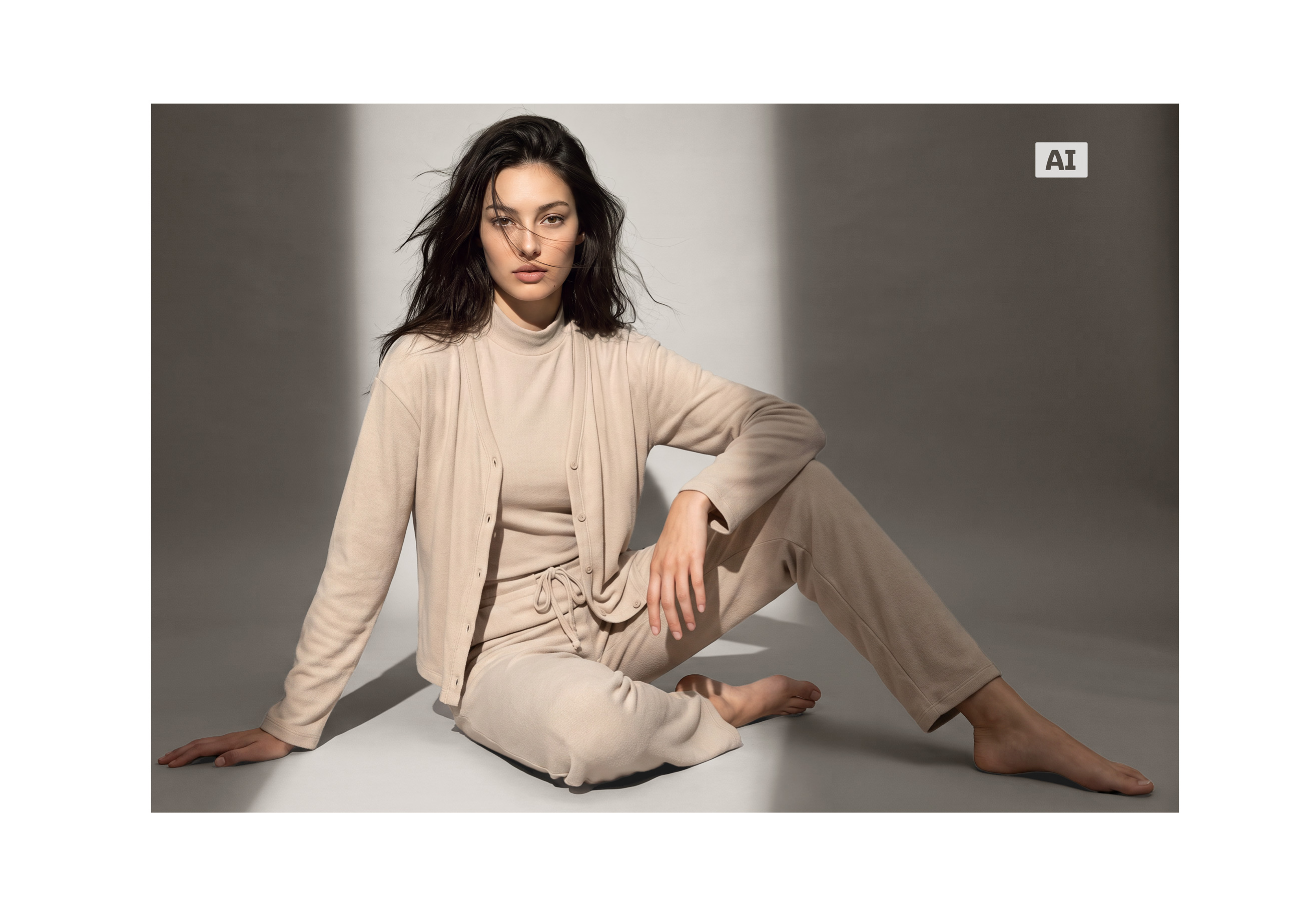 Dieses Bild ist KI-generiert: Ein weibliches Model trägt das 3-teilige Set in der Farbe Beige.