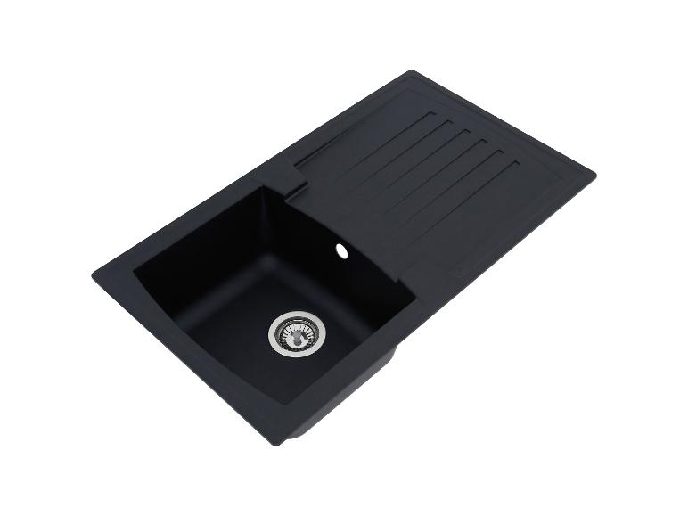 Schwarze Granit-Küchenspüle mit Einzelbecken und Abtropffläche.