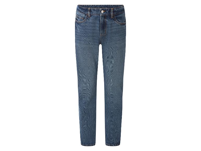 Blaue Straight-Leg-Jeans mit Taschen und Knopf.