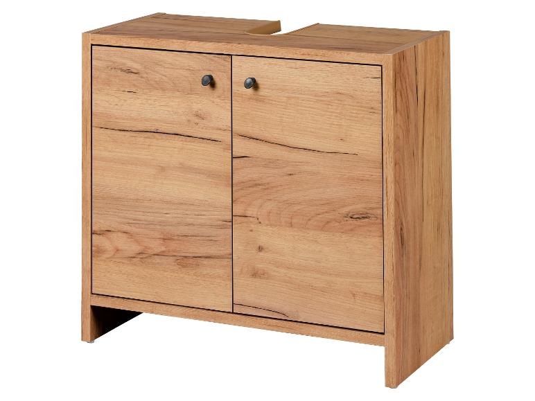 Waschtischunterschrank aus Eichenholz mit zwei Türen und schwarzen Griffen.