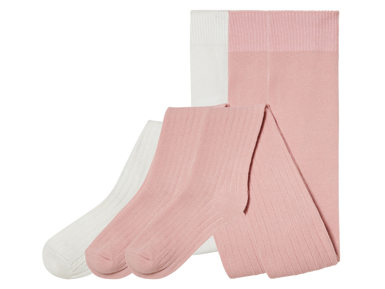 Weiße und rosa gerippte Socken und Strumpfhosen.