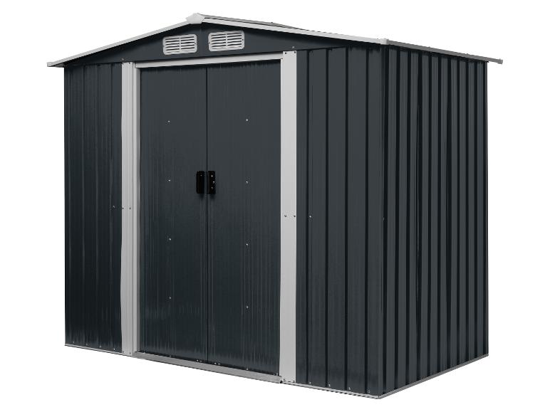 Dunkelgraues Metall-Gartenhaus mit Doppeltüren und Lüftungsschlitzen auf weißem Hintergrund.