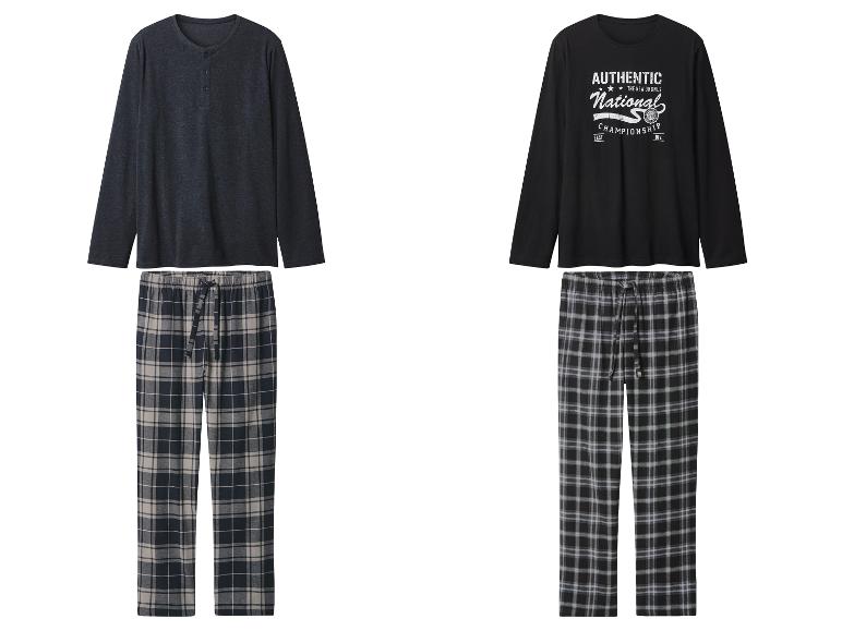 Zwei Herren-Pyjama-Sets mit Langarmshirts und karierten Hosen.