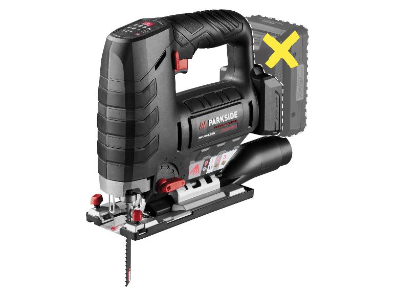 Schwarze Akku-Stichsäge mit roten Akzenten und abnehmbarem Akku.