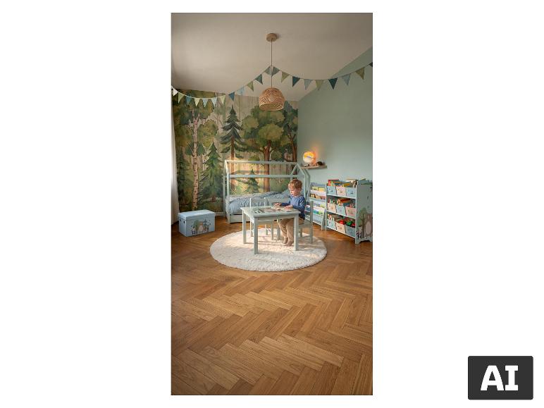 LUPILU® Kinder-Bücherregal in einem Kinderzimmer mit Waldmotiv und spielendem Kind am Tisch [KI-generiertes Bild]
