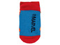 Blaue Socken mit roten Details und dem Marvel-Logo.