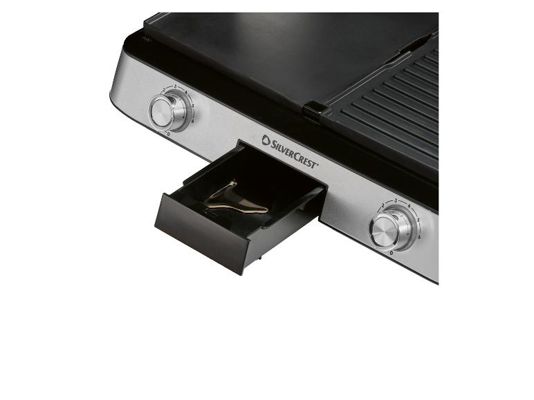 Elektrischer Grill mit Auffangschale und Temperaturreglern.