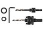 Set Bohrer und Adapter für Lochsägen, mit Inbusschlüssel und Muttern.