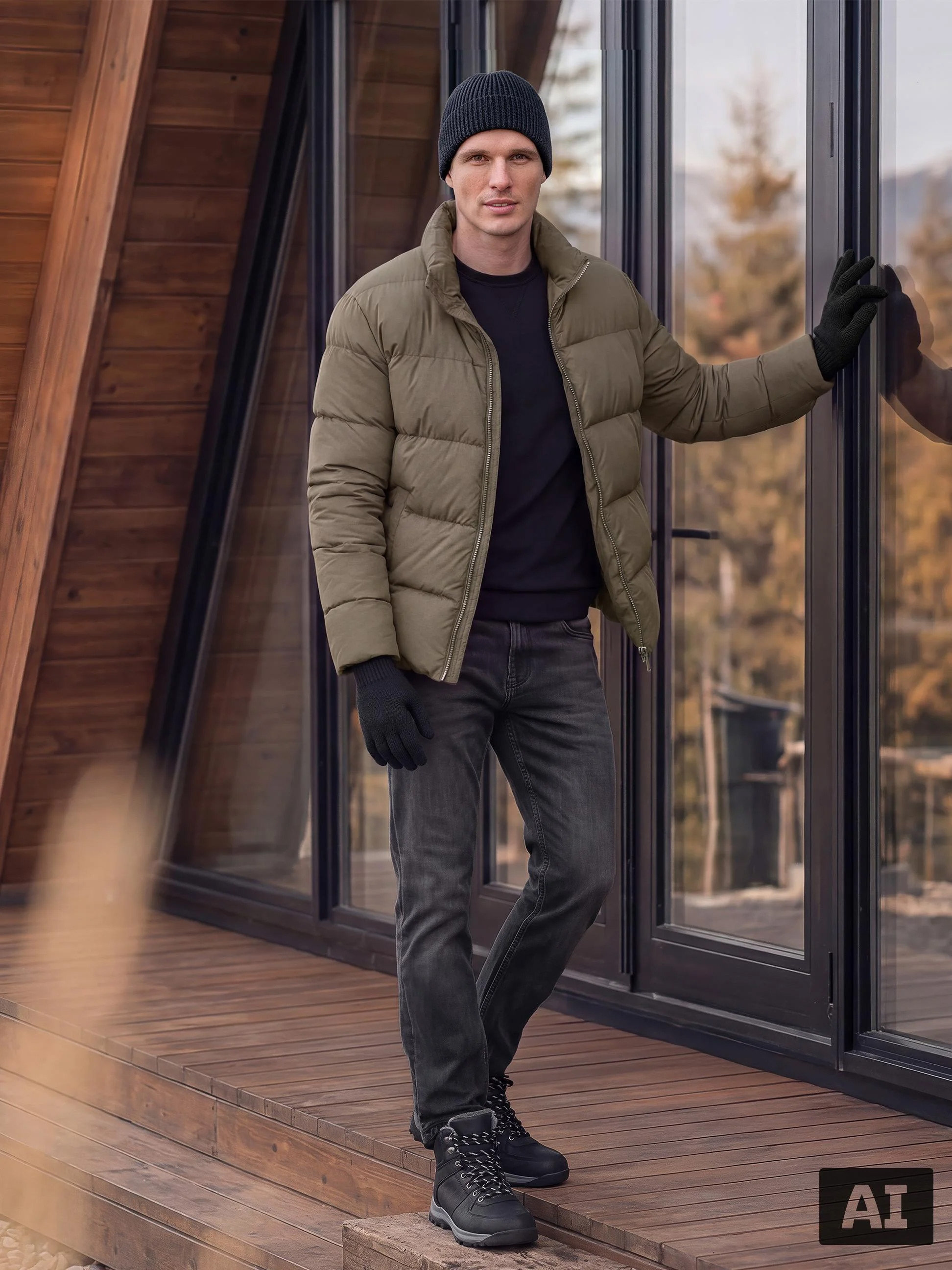 Mann in einer Winter-Steppjacke, Jeans, Mütze und Handschuhen auf einer Holzterrasse.