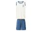 Herren-Tanktop in Weiß mit blauen Akzenten und blaue Shorts mit Markenbund.